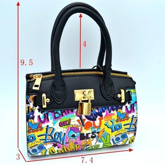Graffiti Print Lock Design Mini-tote Crossbody Bag - Picture 4 of 4